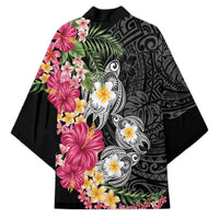 Hawaiian Tropical Flowers and Tribal Turtles Kimono Polynesian Art Motifs Black Color - Polynesian Pride