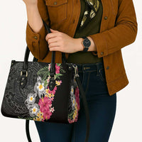 Hawaiian Tropical Flowers and Tribal Turtles Leather Bag Polynesian Art Motifs Black Color - Polynesian Pride