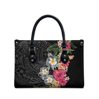 Hawaiian Tropical Flowers and Tribal Turtles Leather Bag Polynesian Art Motifs Black Color - Polynesian Pride