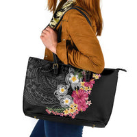 Hawaiian Tropical Flowers and Tribal Turtles Leather Tote Bag Polynesian Art Motifs Black Color - Polynesian Pride