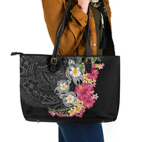Hawaiian Tropical Flowers and Tribal Turtles Leather Tote Bag Polynesian Art Motifs Black Color - Polynesian Pride