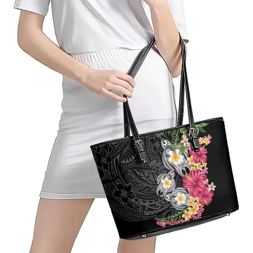 Hawaiian Tropical Flowers and Tribal Turtles Leather Tote Bag Polynesian Art Motifs Black Color - Polynesian Pride