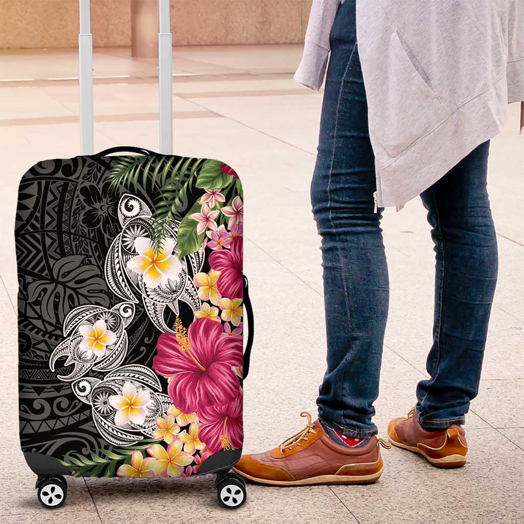 Hawaiian Tropical Flowers and Tribal Turtles Luggage Cover Polynesian Art Motifs Black Color - Polynesian Pride