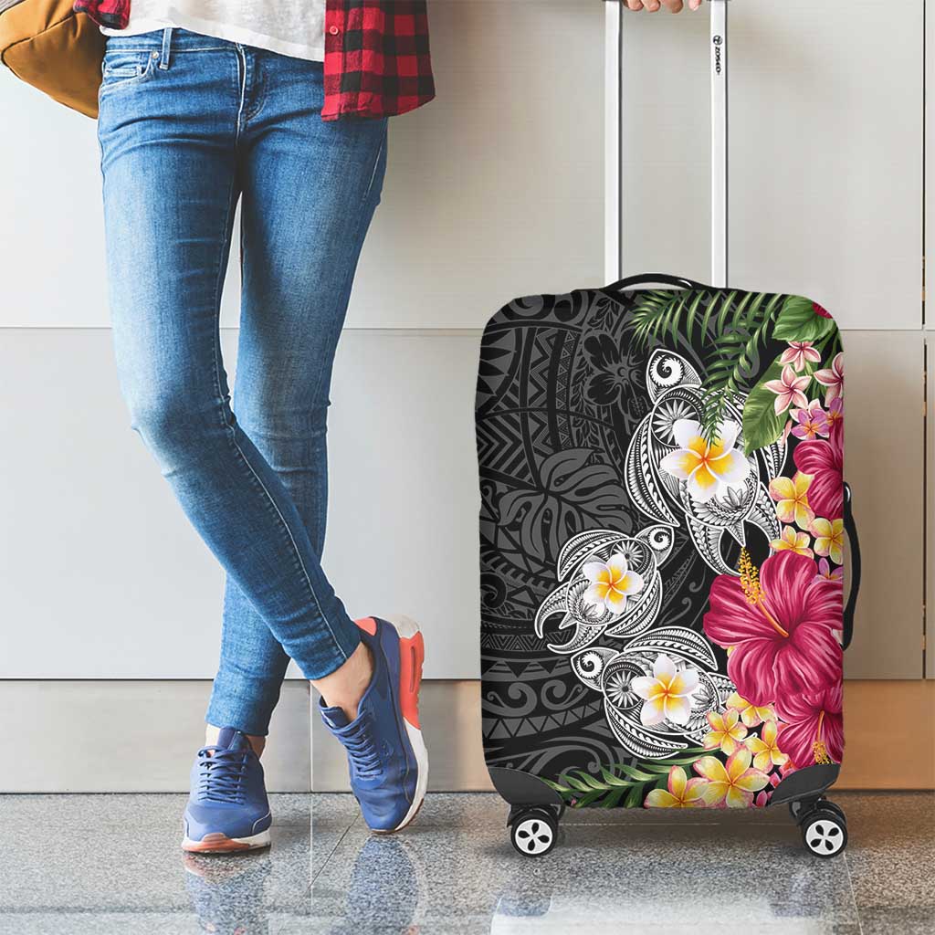 Hawaiian Tropical Flowers and Tribal Turtles Luggage Cover Polynesian Art Motifs Black Color - Polynesian Pride
