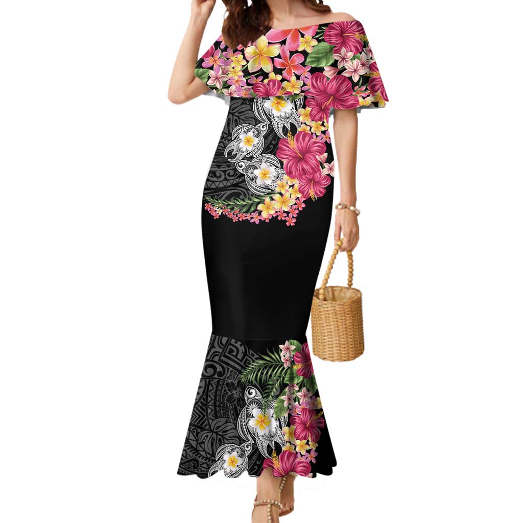 Hawaiian Tropical Flowers and Tribal Turtles Mermaid Dress Polynesian Art Motifs Black Color - Polynesian Pride