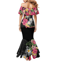 Hawaiian Tropical Flowers and Tribal Turtles Mermaid Dress Polynesian Art Motifs Black Color - Polynesian Pride