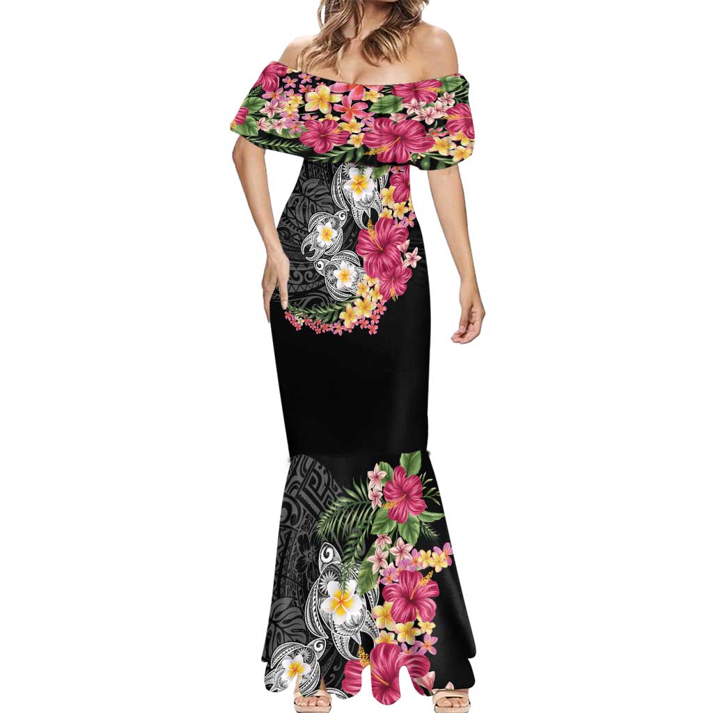 Hawaiian Tropical Flowers and Tribal Turtles Mermaid Dress Polynesian Art Motifs Black Color - Polynesian Pride