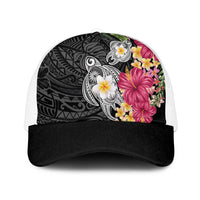 Hawaiian Tropical Flowers and Tribal Turtles Mesh Trucker Cap Polynesian Art Motifs Black Color - Polynesian Pride