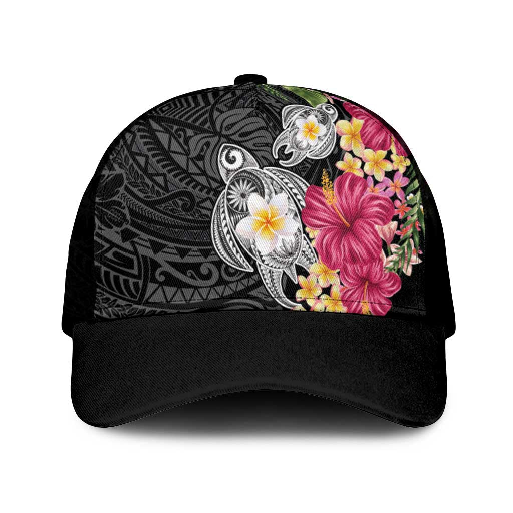 Hawaiian Tropical Flowers and Tribal Turtles Mesh Trucker Cap Polynesian Art Motifs Black Color - Polynesian Pride