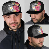 Hawaiian Tropical Flowers and Tribal Turtles Mesh Trucker Cap Polynesian Art Motifs Black Color - Polynesian Pride