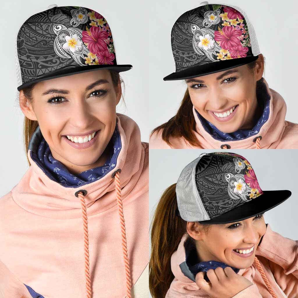Hawaiian Tropical Flowers and Tribal Turtles Mesh Trucker Cap Polynesian Art Motifs Black Color - Polynesian Pride