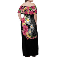 Hawaiian Tropical Flowers and Tribal Turtles Off Shoulder Maxi Dress Polynesian Art Motifs Black Color - Polynesian Pride