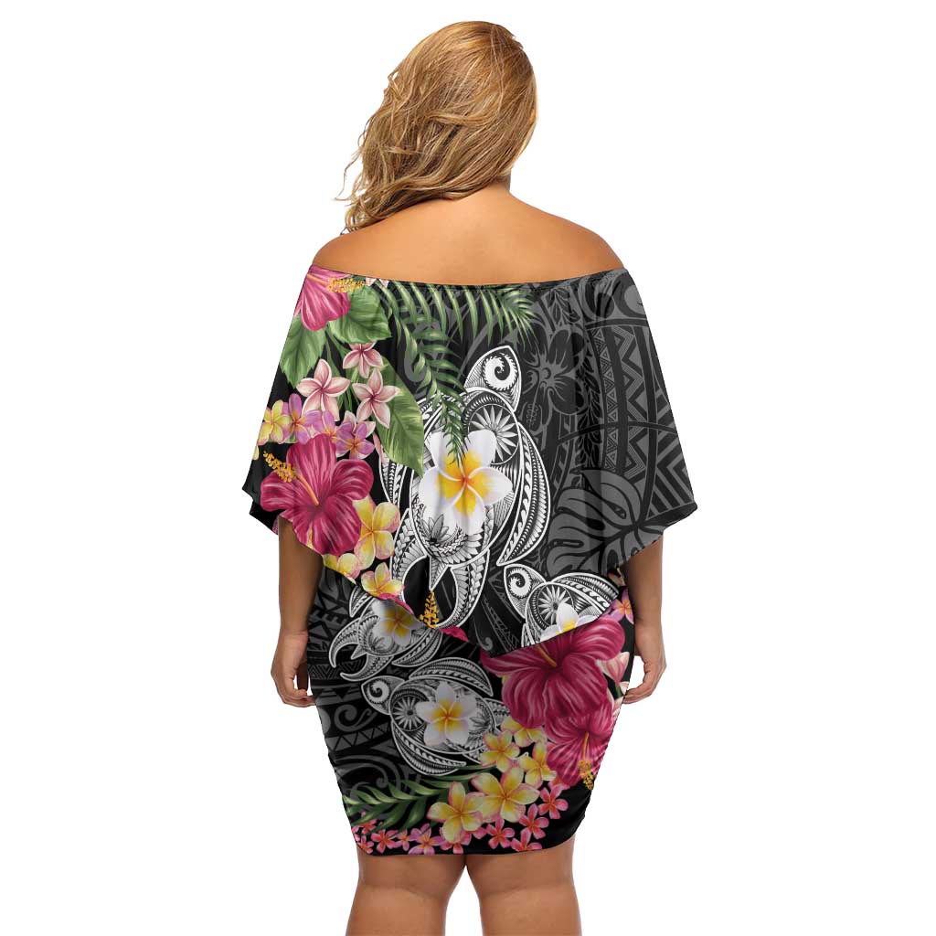 Hawaiian Tropical Flowers and Tribal Turtles Off Shoulder Short Dress Polynesian Art Motifs Black Color - Polynesian Pride