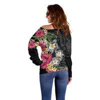 Hawaiian Tropical Flowers and Tribal Turtles Off Shoulder Sweater Polynesian Art Motifs Black Color - Polynesian Pride