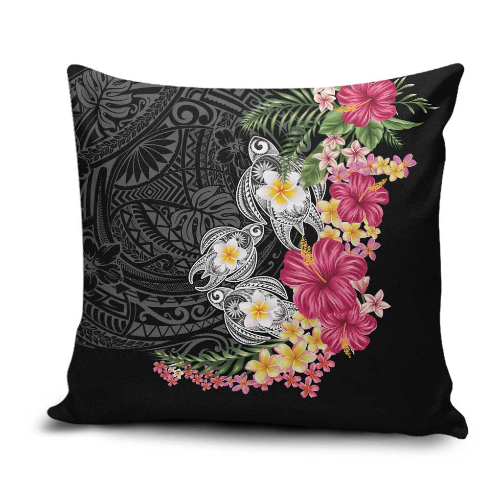Hawaiian Tropical Flowers and Tribal Turtles Pillow Cover Polynesian Art Motifs Black Color - Polynesian Pride