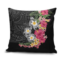 Hawaiian Tropical Flowers and Tribal Turtles Pillow Cover Polynesian Art Motifs Black Color - Polynesian Pride