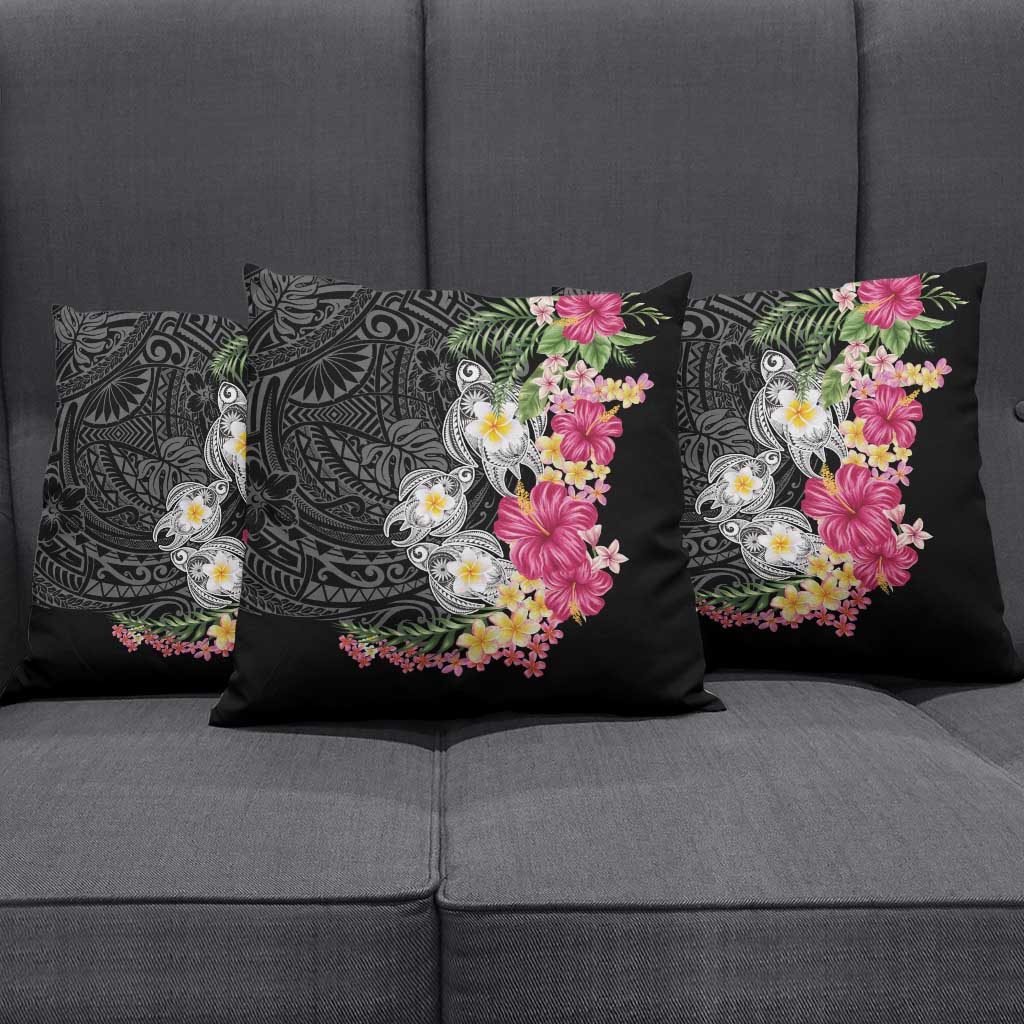 Hawaiian Tropical Flowers and Tribal Turtles Pillow Cover Polynesian Art Motifs Black Color - Polynesian Pride
