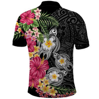 Hawaiian Tropical Flowers and Tribal Turtles Polo Shirt Polynesian Art Motifs Black Color - Polynesian Pride