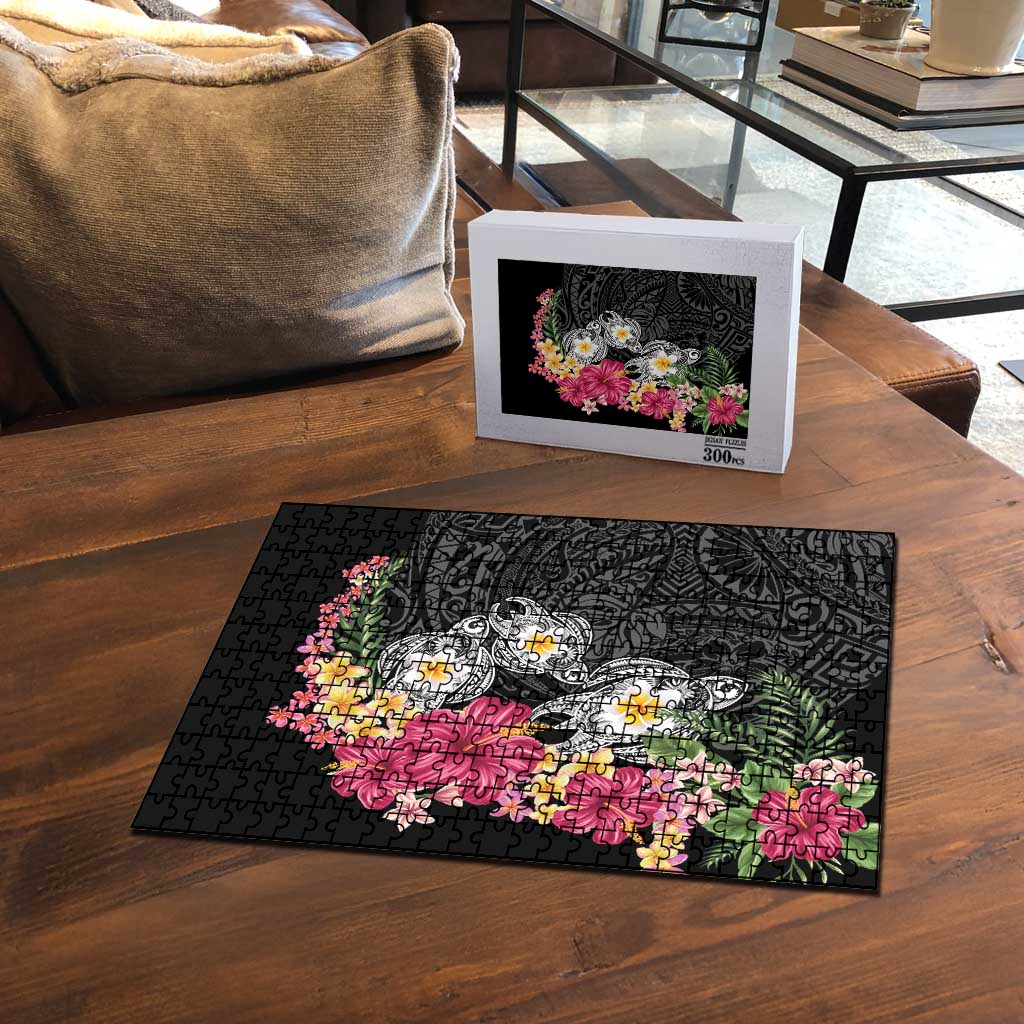 Hawaiian Tropical Flowers and Tribal Turtles Puzzle Polynesian Art Motifs Black Color LT03 - Polynesian Pride