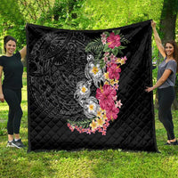 Hawaiian Tropical Flowers and Tribal Turtles Quilt Polynesian Art Motifs Black Color - Polynesian Pride