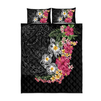Hawaiian Tropical Flowers and Tribal Turtles Quilt Bed Set Polynesian Art Motifs Black Color - Polynesian Pride
