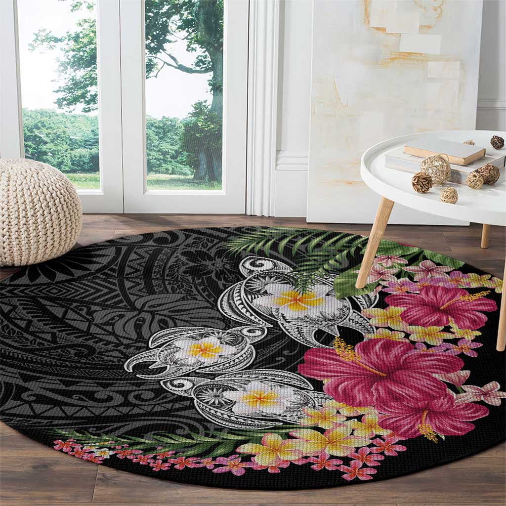 Hawaiian Tropical Flowers and Tribal Turtles Round Carpet Polynesian Art Motifs Black Color - Polynesian Pride