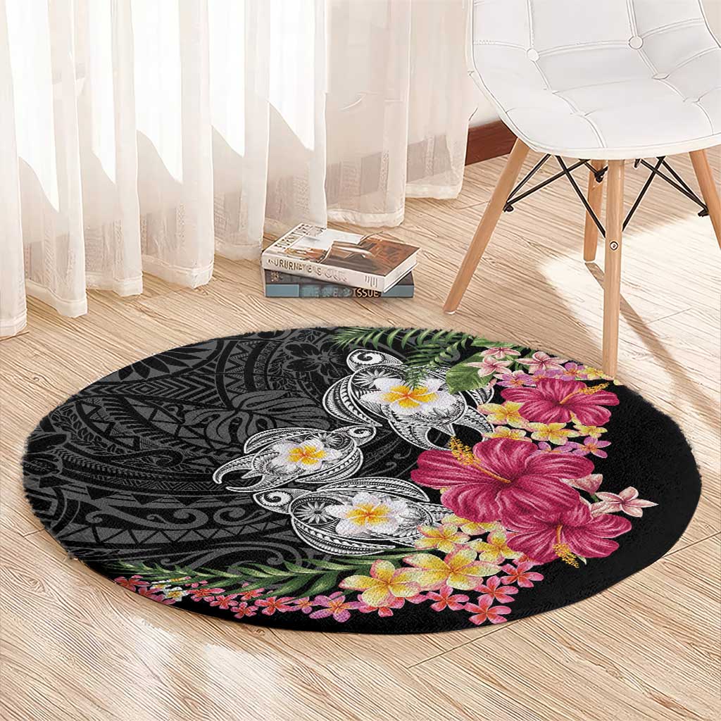 Hawaiian Tropical Flowers and Tribal Turtles Round Carpet Polynesian Art Motifs Black Color - Polynesian Pride