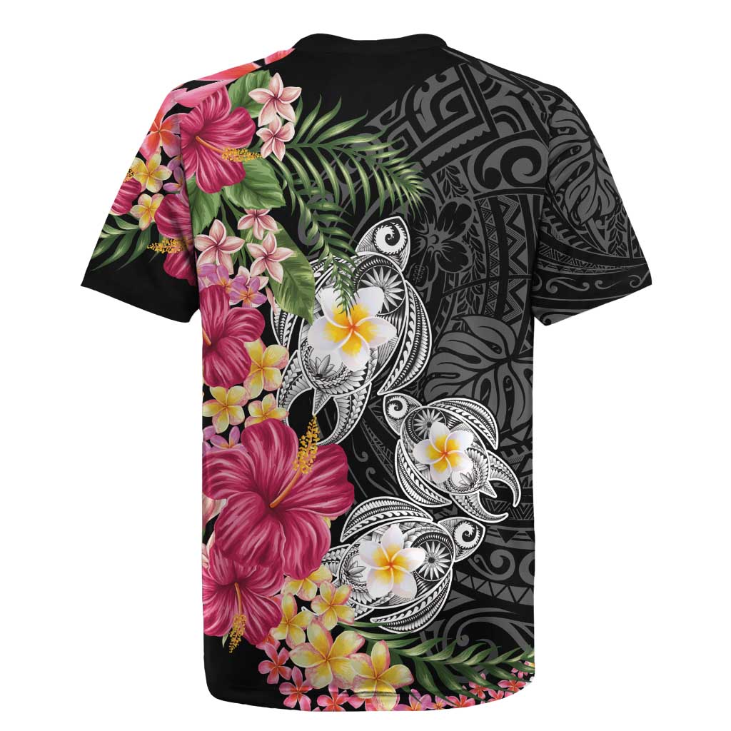 Hawaiian Tropical Flowers and Tribal Turtles Rugby Jersey Polynesian Art Motifs Black Color - Polynesian Pride
