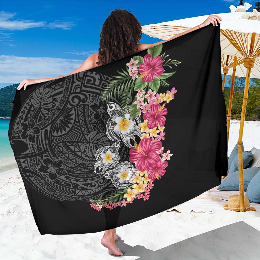 Hawaiian Tropical Flowers and Tribal Turtles Sarong Polynesian Art Motifs Black Color - Polynesian Pride