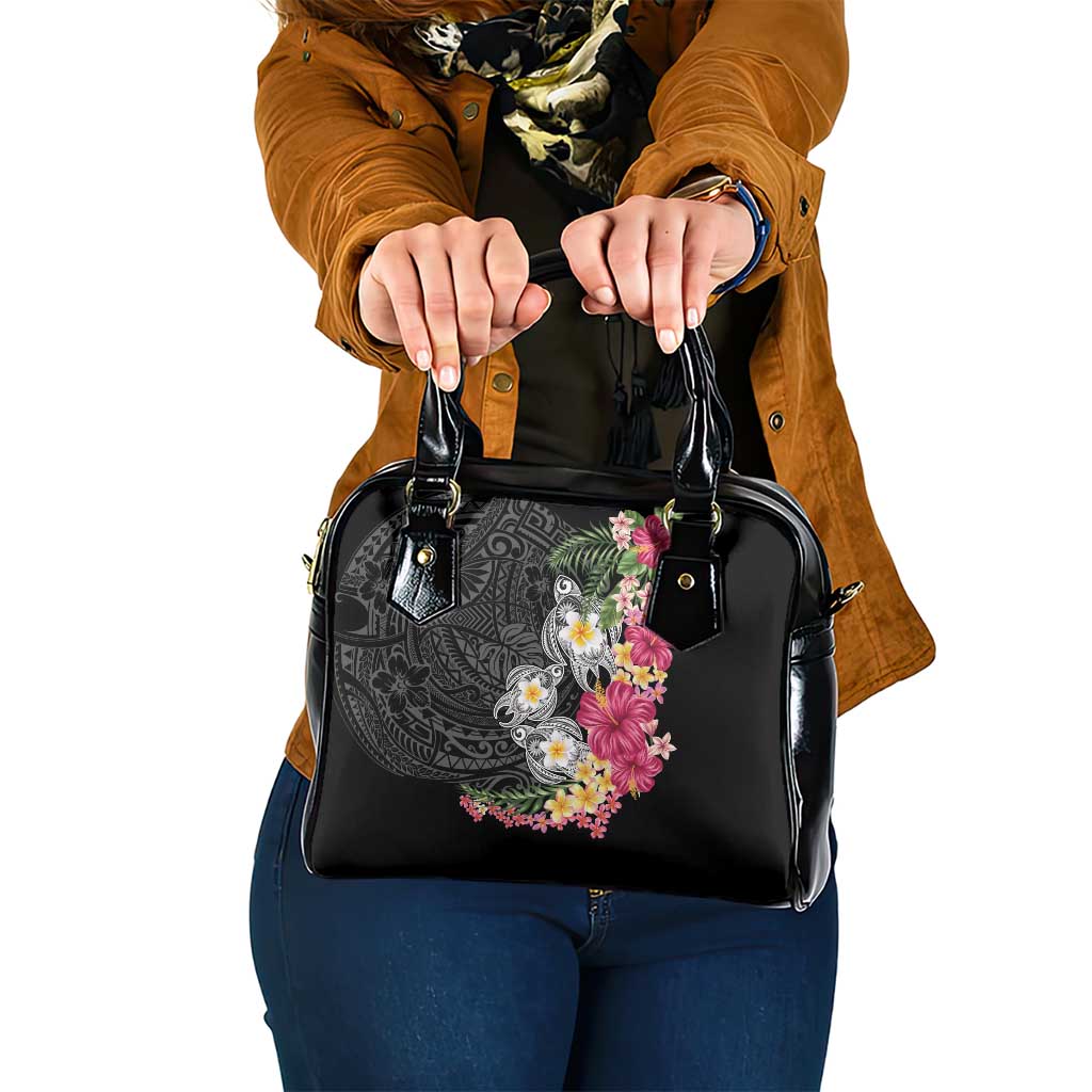 Hawaiian Tropical Flowers and Tribal Turtles Shoulder Handbag Polynesian Art Motifs Black Color - Polynesian Pride
