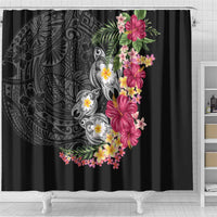 Hawaiian Tropical Flowers and Tribal Turtles Shower Curtain Polynesian Art Motifs Black Color - Polynesian Pride