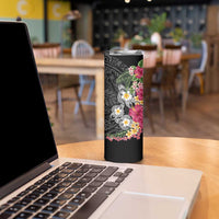 Hawaiian Tropical Flowers and Tribal Turtles Skinny Tumbler Polynesian Art Motifs Black Color - Polynesian Pride