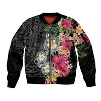 Hawaiian Tropical Flowers and Tribal Turtles Sleeve Zip Bomber Jacket Polynesian Art Motifs Black Color LT03 Unisex Black - Polynesian Pride