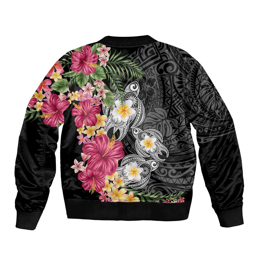 Hawaiian Tropical Flowers and Tribal Turtles Sleeve Zip Bomber Jacket Polynesian Art Motifs Black Color LT03 - Polynesian Pride