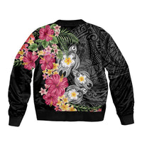 Hawaiian Tropical Flowers and Tribal Turtles Sleeve Zip Bomber Jacket Polynesian Art Motifs Black Color LT03 - Polynesian Pride