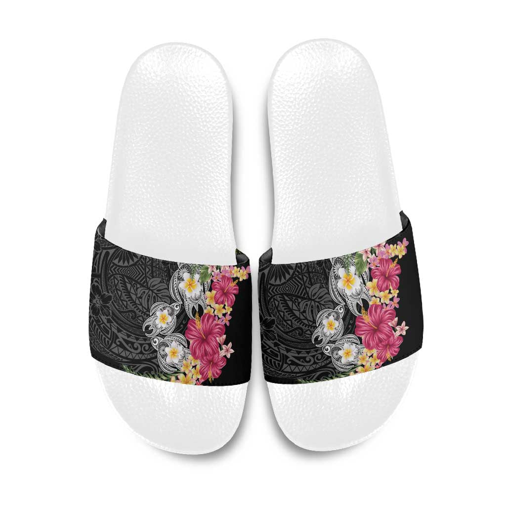 Hawaiian Tropical Flowers and Tribal Turtles Slide Sandals Polynesian Art Motifs Black Color - Polynesian Pride