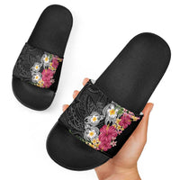 Hawaiian Tropical Flowers and Tribal Turtles Slide Sandals Polynesian Art Motifs Black Color - Polynesian Pride