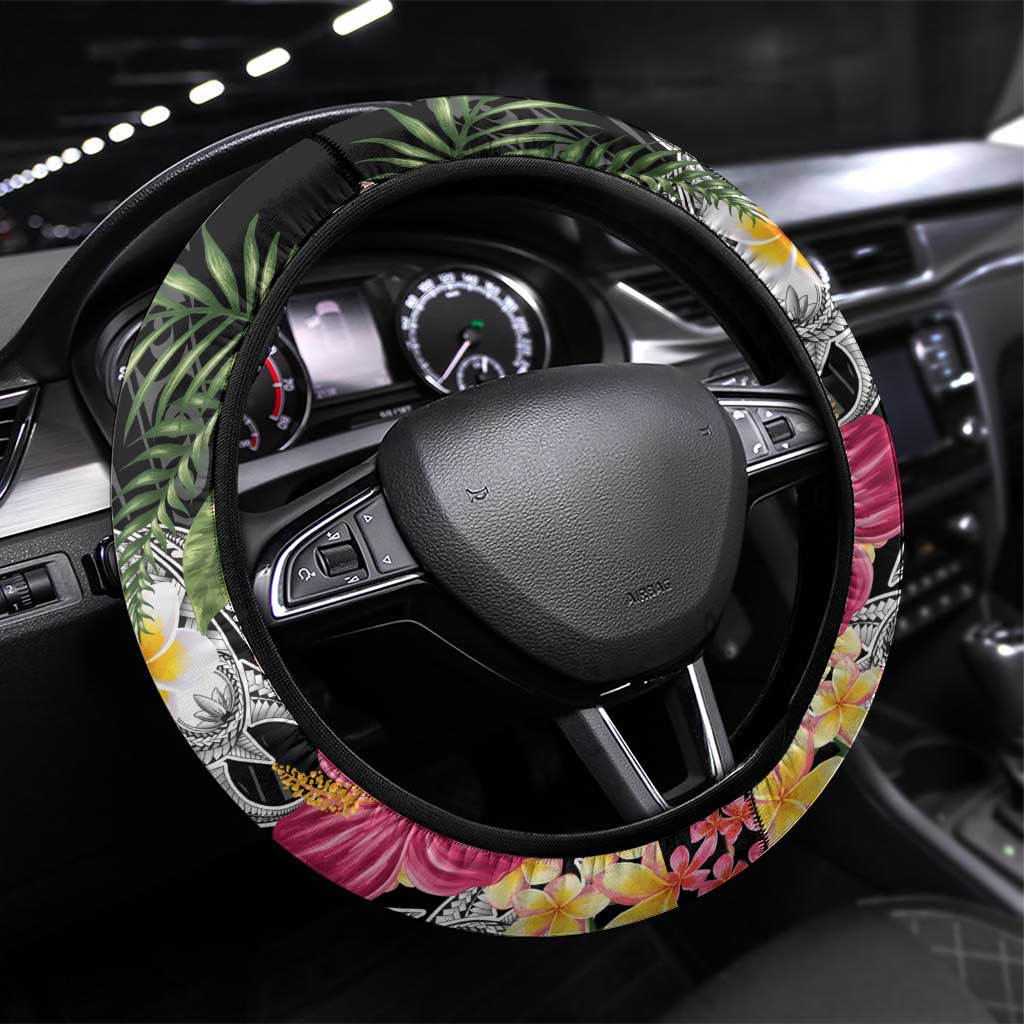 Hawaiian Tropical Flowers and Tribal Turtles Steering Wheel Cover Polynesian Art Motifs Black Color - Polynesian Pride