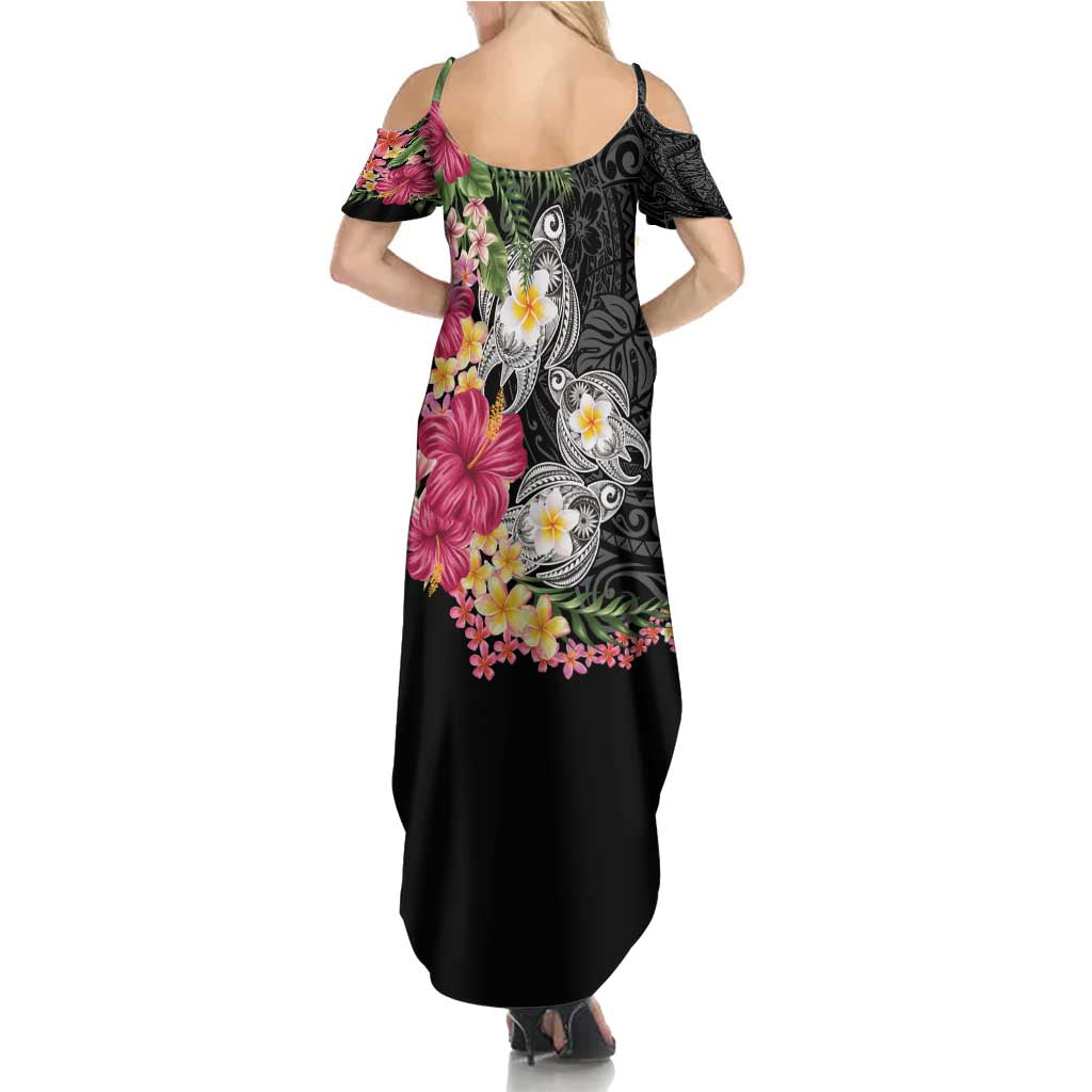 Hawaiian Tropical Flowers and Tribal Turtles Summer Maxi Dress Polynesian Art Motifs Black Color - Polynesian Pride