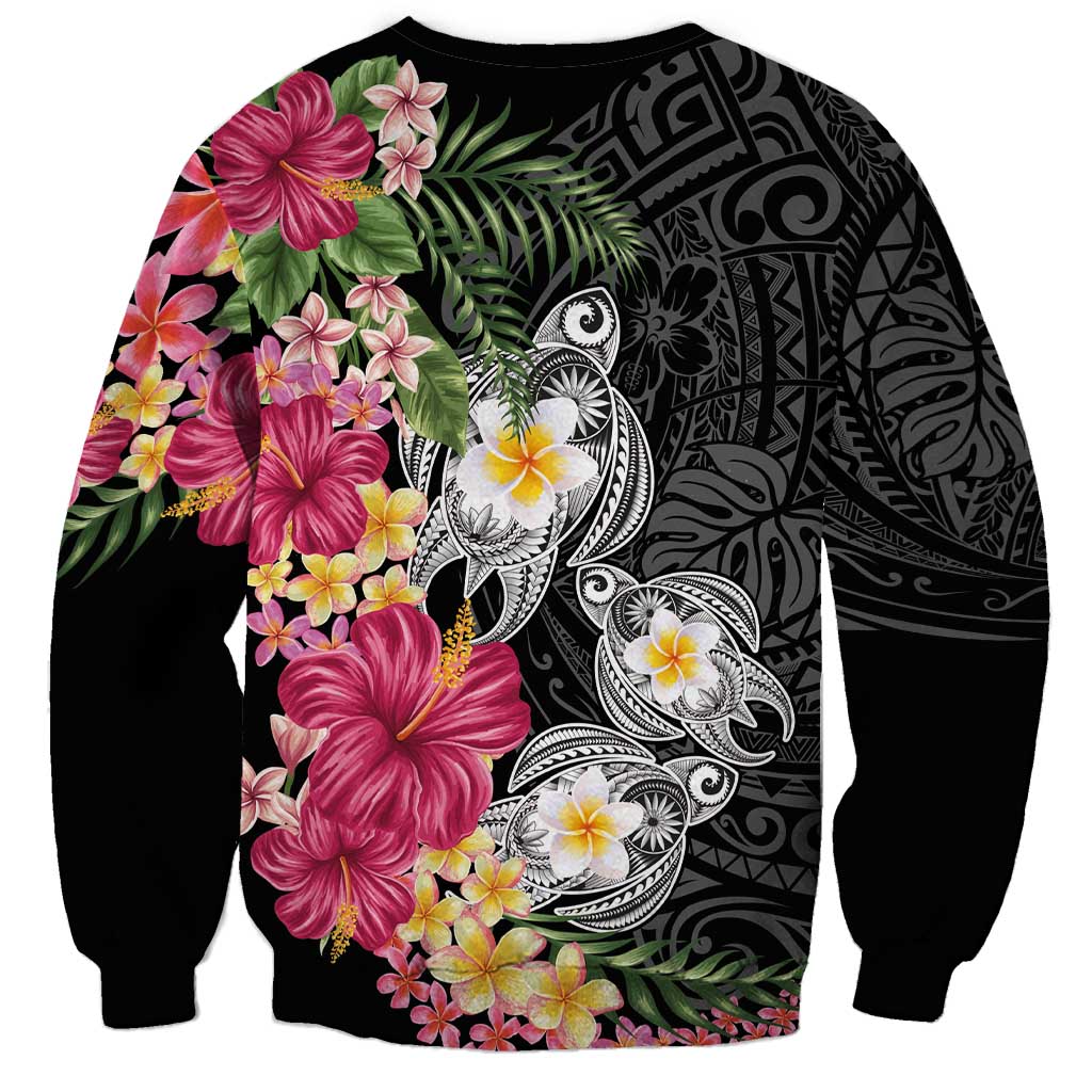 Hawaiian Tropical Flowers and Tribal Turtles Sweatshirt Polynesian Art Motifs Black Color LT03 - Polynesian Pride
