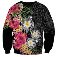 Hawaiian Tropical Flowers and Tribal Turtles Sweatshirt Polynesian Art Motifs Black Color LT03 - Polynesian Pride