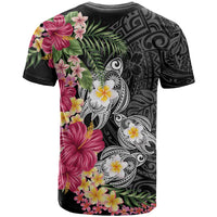 Hawaiian Tropical Flowers and Tribal Turtles T Shirt Polynesian Art Motifs Black Color - Polynesian Pride