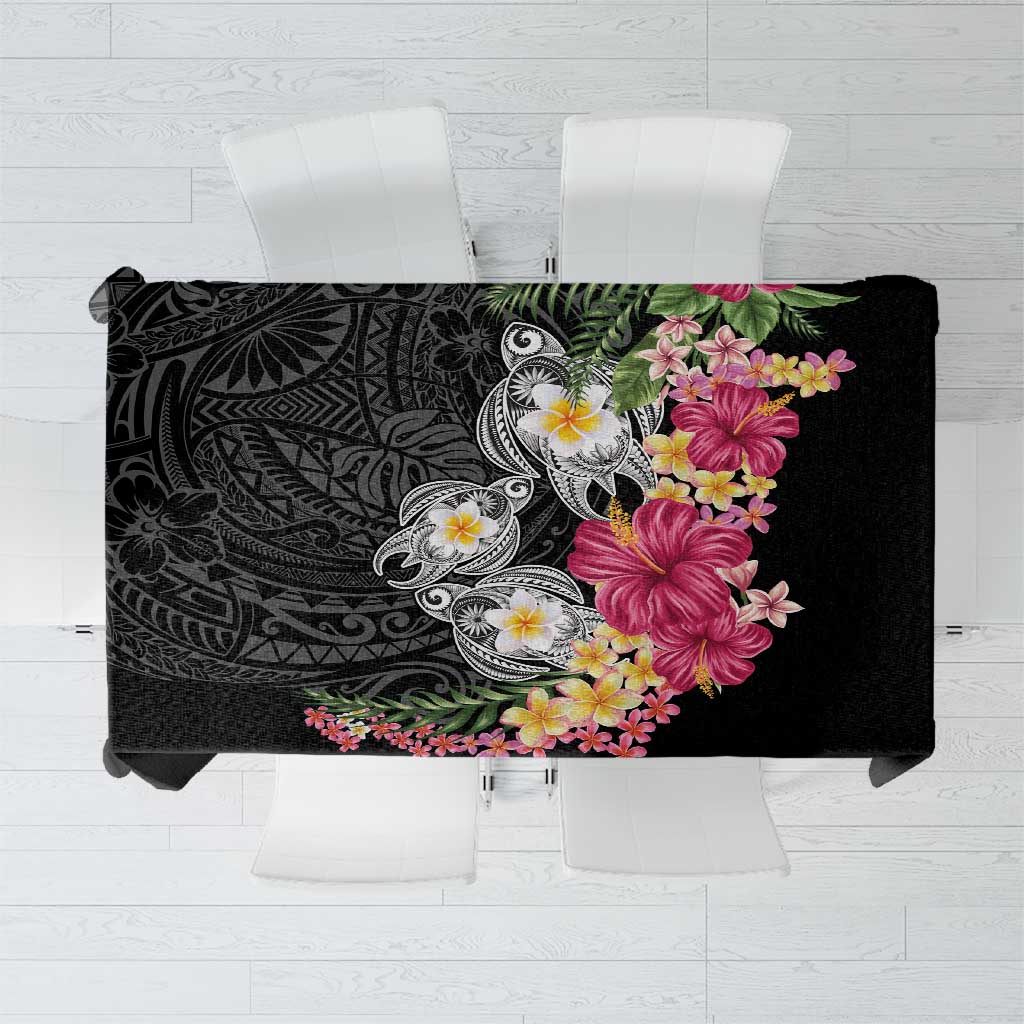 Hawaiian Tropical Flowers and Tribal Turtles Tablecloth Polynesian Art Motifs Black Color LT03 Black - Polynesian Pride
