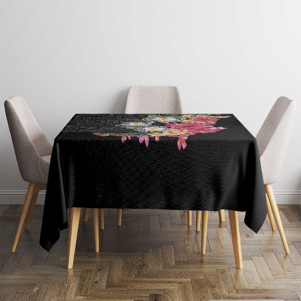 Hawaiian Tropical Flowers and Tribal Turtles Tablecloth Polynesian Art Motifs Black Color LT03 - Polynesian Pride