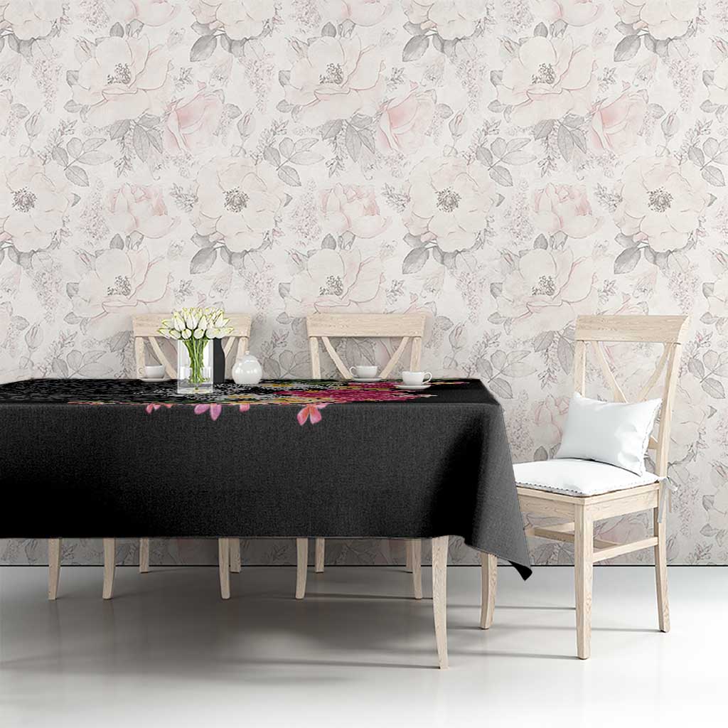 Hawaiian Tropical Flowers and Tribal Turtles Tablecloth Polynesian Art Motifs Black Color LT03 - Polynesian Pride