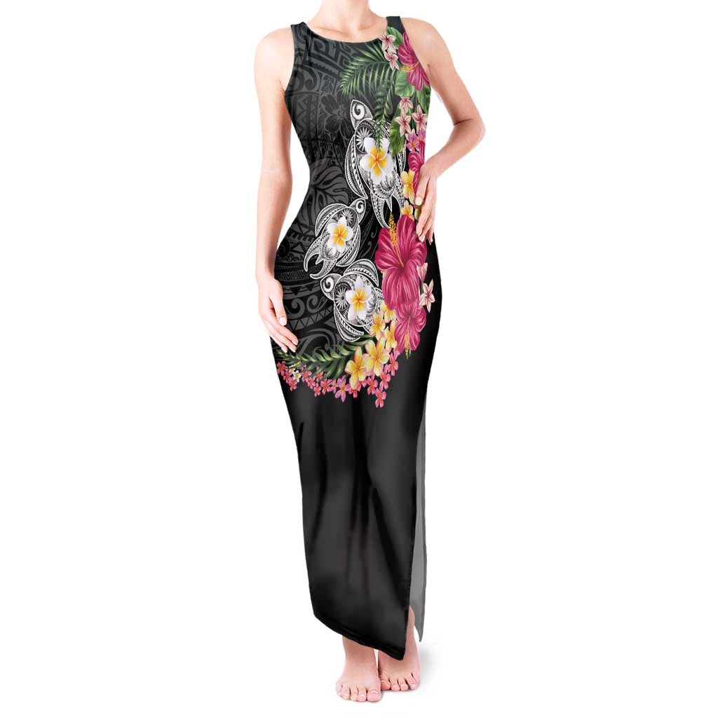 Hawaiian Tropical Flowers and Tribal Turtles Tank Maxi Dress Polynesian Art Motifs Black Color - Polynesian Pride