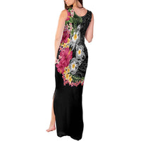 Hawaiian Tropical Flowers and Tribal Turtles Tank Maxi Dress Polynesian Art Motifs Black Color - Polynesian Pride