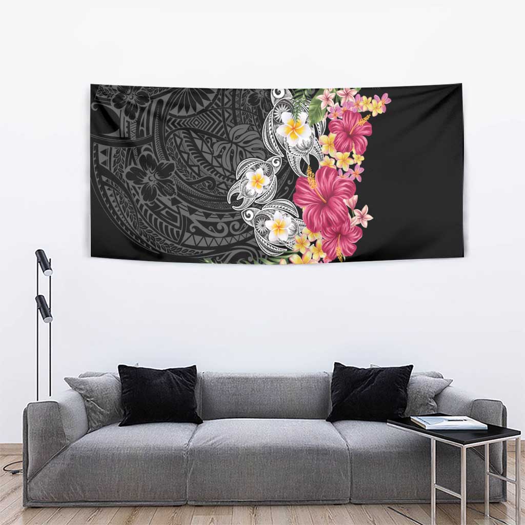 Hawaiian Tropical Flowers and Tribal Turtles Tapestry Polynesian Art Motifs Black Color - Polynesian Pride