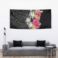 Hawaiian Tropical Flowers and Tribal Turtles Tapestry Polynesian Art Motifs Black Color - Polynesian Pride