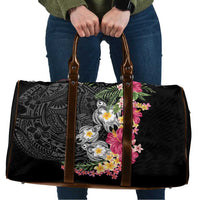 Hawaiian Tropical Flowers and Tribal Turtles Travel Bag Polynesian Art Motifs Black Color - Polynesian Pride